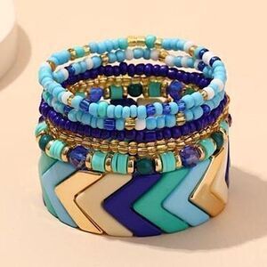 Women's Fashion Jewelry Blue Bracelets 6 Piece Chevron Beaded Stackable Set